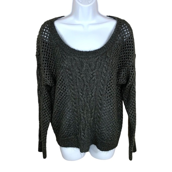 Apt 9 Black Silver Open Knit Sweater Long Sleeve Scoop Neck Large - Picture 1 of 9